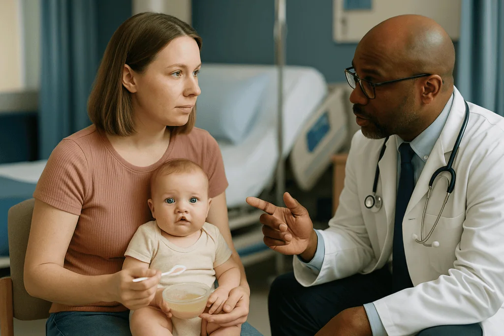 Mother and infant in pediatric consultation with physician: Who is usually operated on now, and who is usually asked to wait