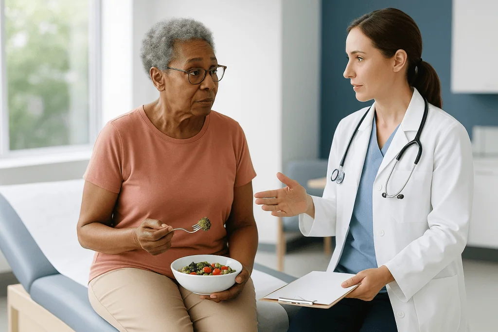 Doctor consulting patient about healthy diet and nutrition: Who is usually referred, and who is usually asked to wait