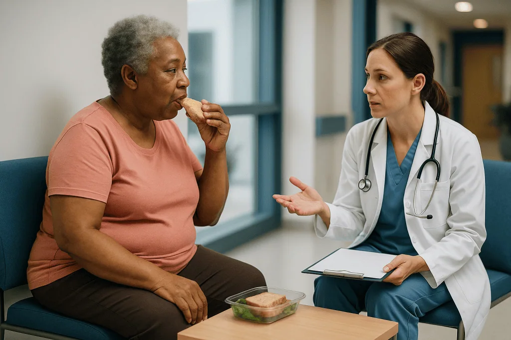 Doctor consulting patient about diet and food intake: Who is usually referred, and who is usually asked to wait