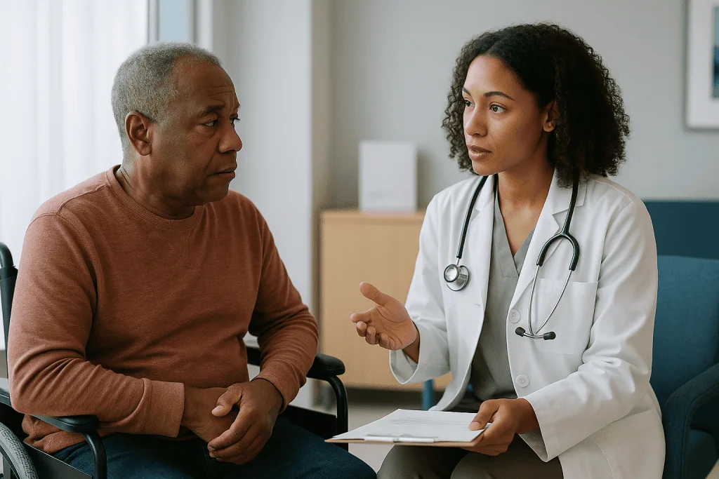 Doctor consulting with older male patient in clinical setting: Who is usually referred for evaluation, and who is asked to w