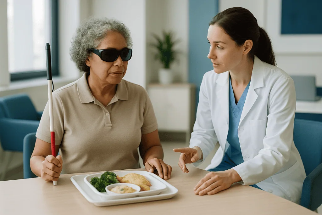 Healthcare provider consulting visually impaired patient about nutrition: Who is usually referred for vision rehabilitation,