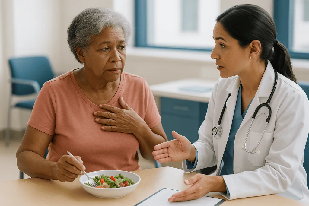 Doctor consulting elderly patient about diet and nutrition: Who is usually referred to a cardiologist for irregular heartbea
