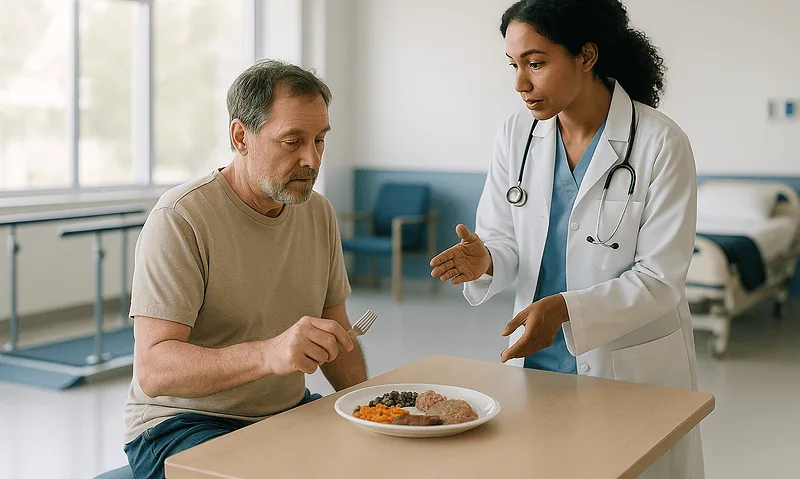 Doctor discussing meal plan with patient in hospital room.
