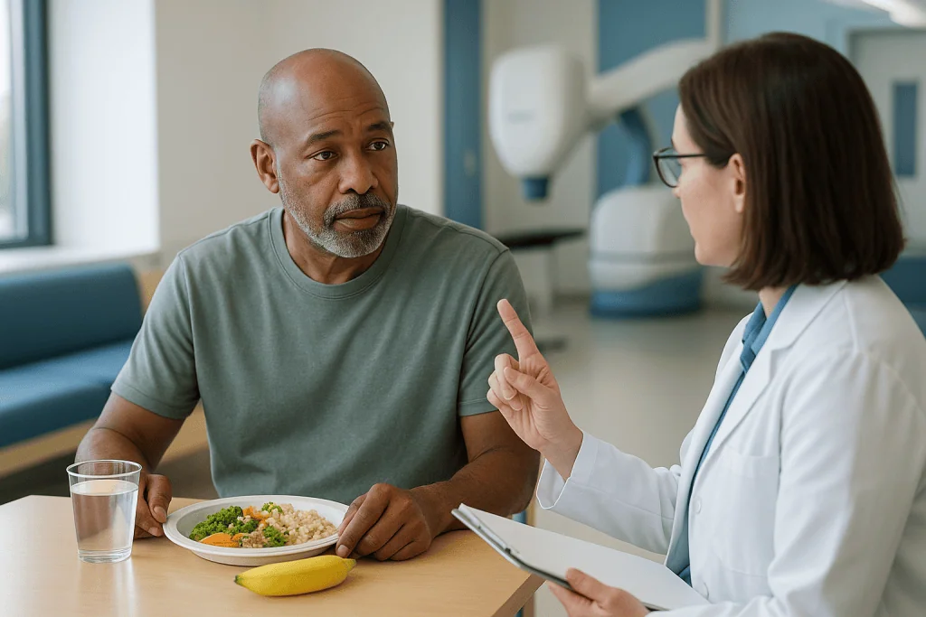 Doctor consulting with patient about nutrition during meal: Who is usually scanned early, and who is usually asked to wait