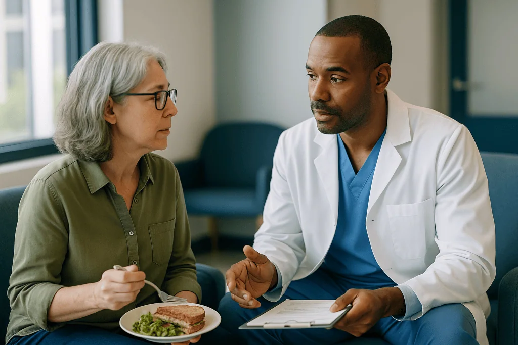 Doctor consulting with senior patient about nutrition: Who is usually scheduled, and who is usually asked to wait?