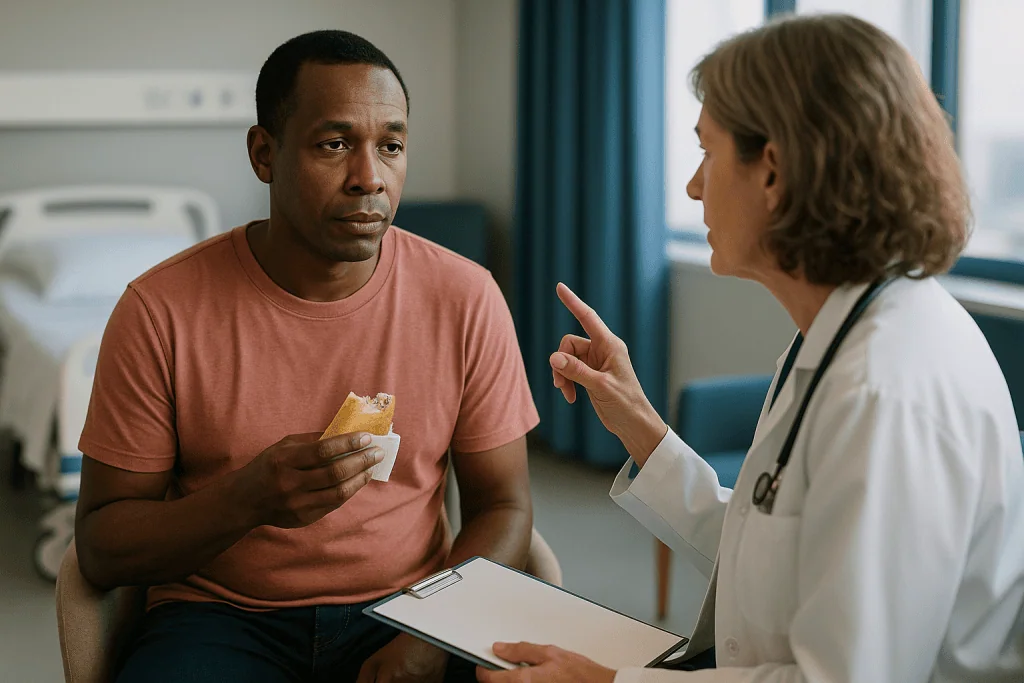 Doctor consulting patient eating food in hospital room: Who is usually tested for TB, and who is usually asked to wait