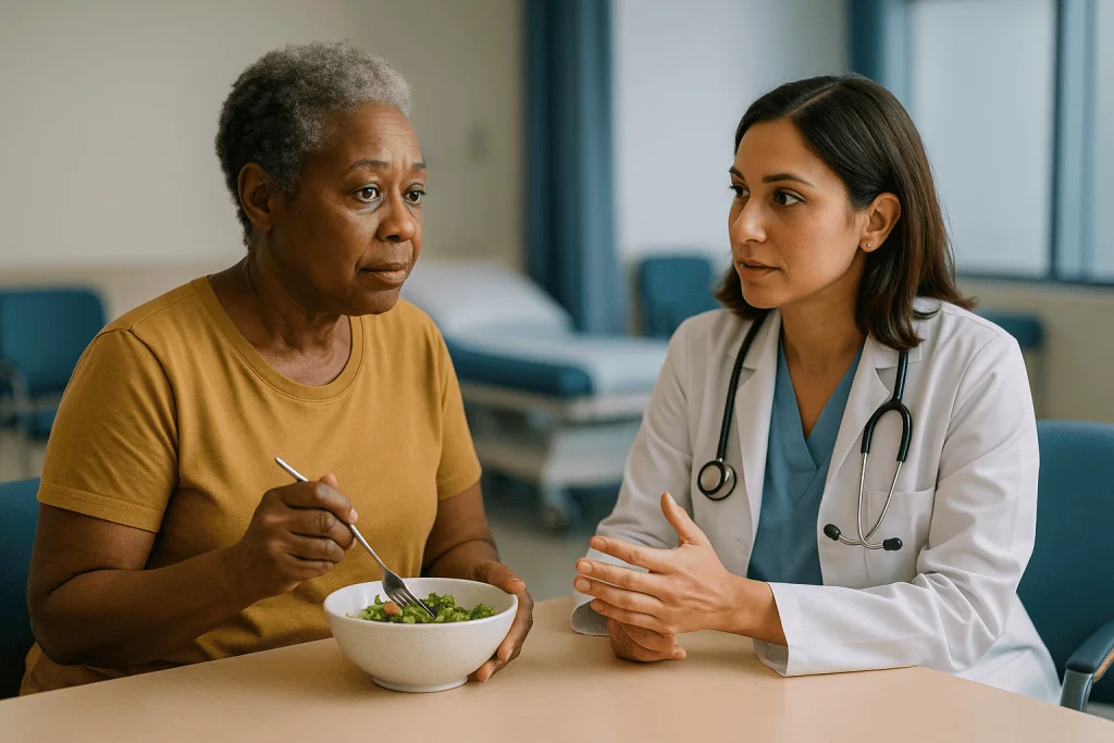 Doctor consulting patient about diet and nutrition: Who is usually treated, and who is usually asked to wait
