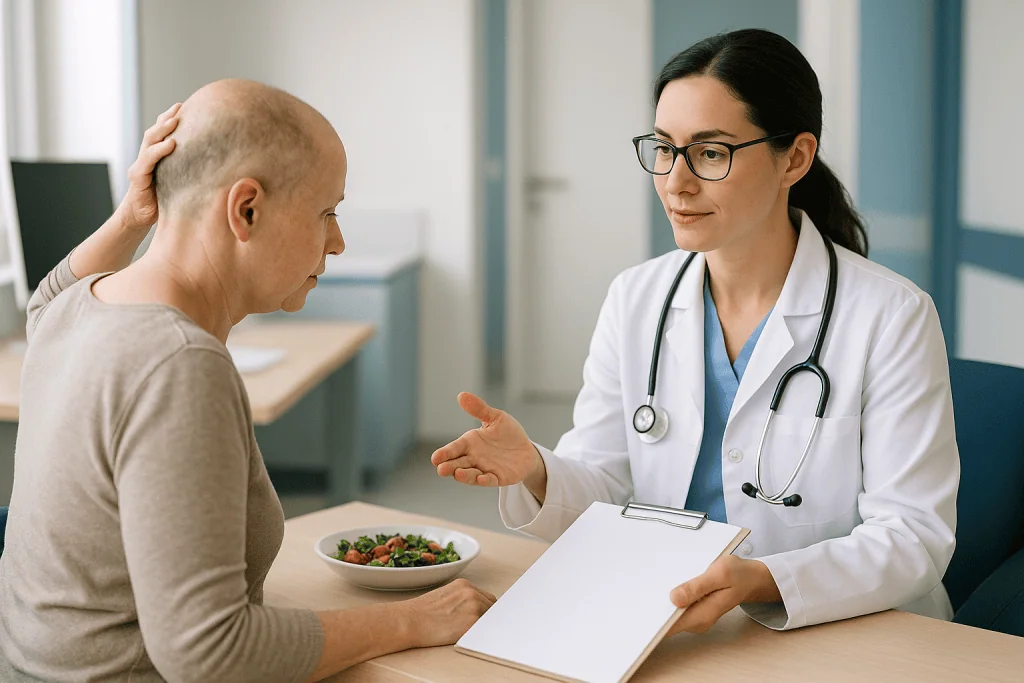 Doctor consulting patient with salad at desk: Who is usually treated first, and who is usually asked to wait