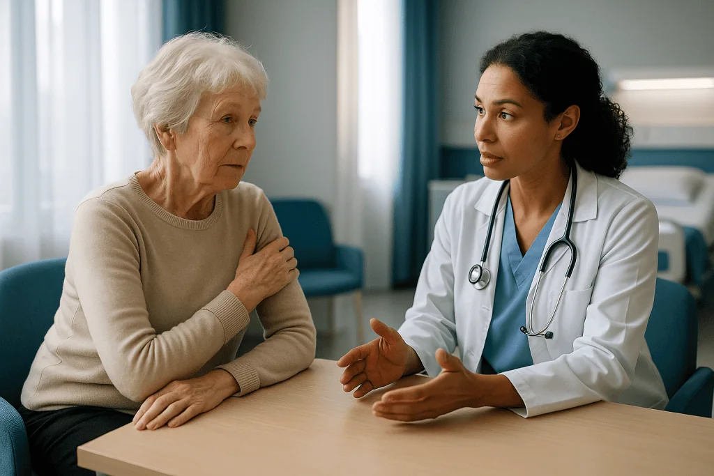 Doctor consulting with elderly female patient at table: Who is usually treated straight away, and who is asked to wait?