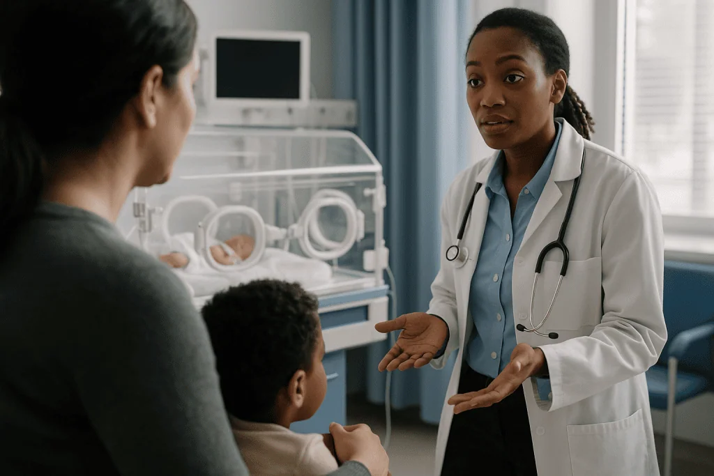 Doctor consulting with parent and child in clinical setting: Who is usually welcomed at the bedside, and who is asked to wai
