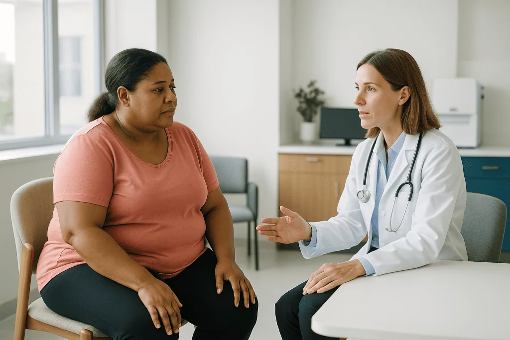 Doctor consulting with overweight patient in clinic office: Who is Vaser liposuction usually for, and who is asked to wait?