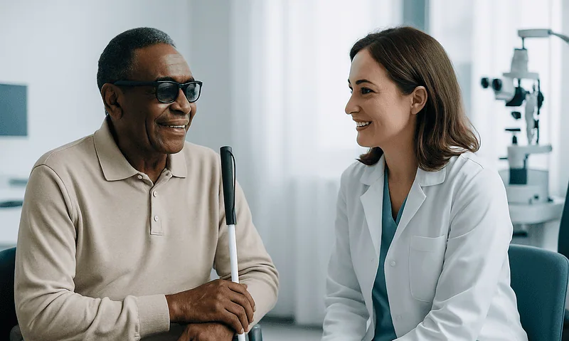 Optometrist consulting with elderly patient in clinic setting.