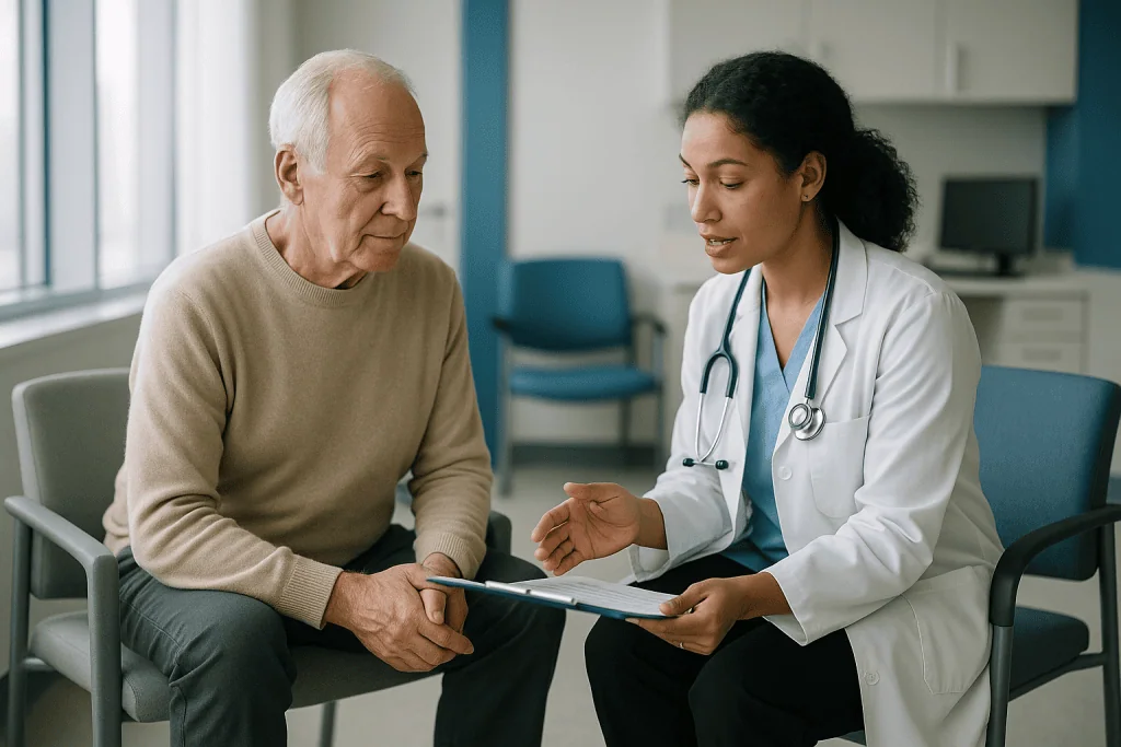 Doctor consulting with elderly male patient in clinic: Who is watched, who is treated, and who is asked to wait