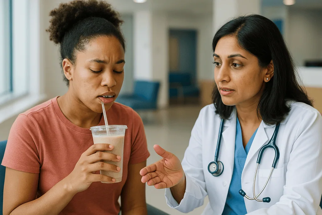 Doctor discussing nutrition with patient holding beverage: Who jaw surgery is usually for, and who is asked to wait