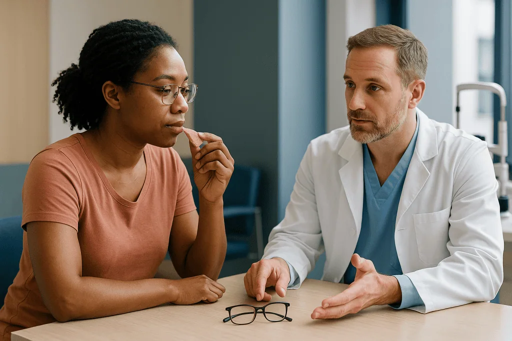 Doctor consulting with patient at table indoors: Who LASEK is usually for, and who is usually asked to wait