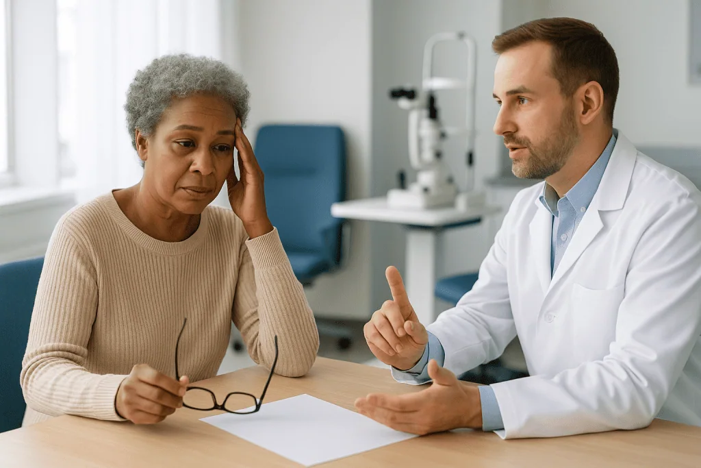 Doctor consulting with older female patient at desk: Who LASIK is usually for, and who is asked to wait: what disqualifies y
