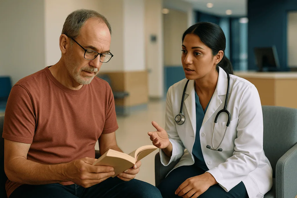 Doctor consulting patient with medical reference book — Who LASIK is usually for, and who is usually asked to wait