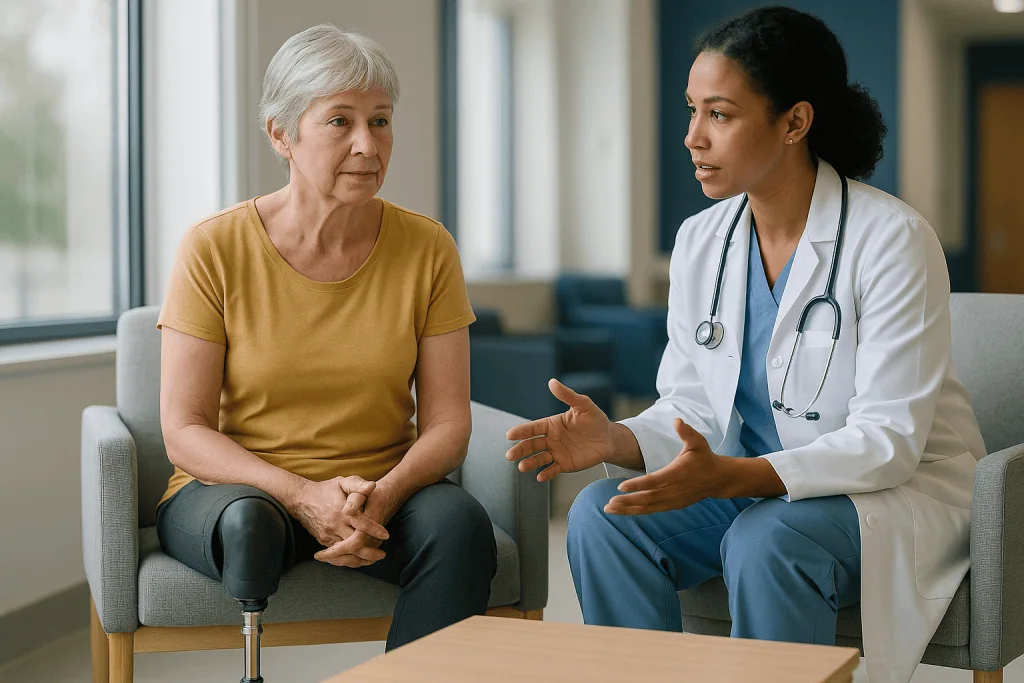 Doctor consulting with elderly female patient in clinic: Who limb sparing surgery for sarcoma is usually for, and who is ask