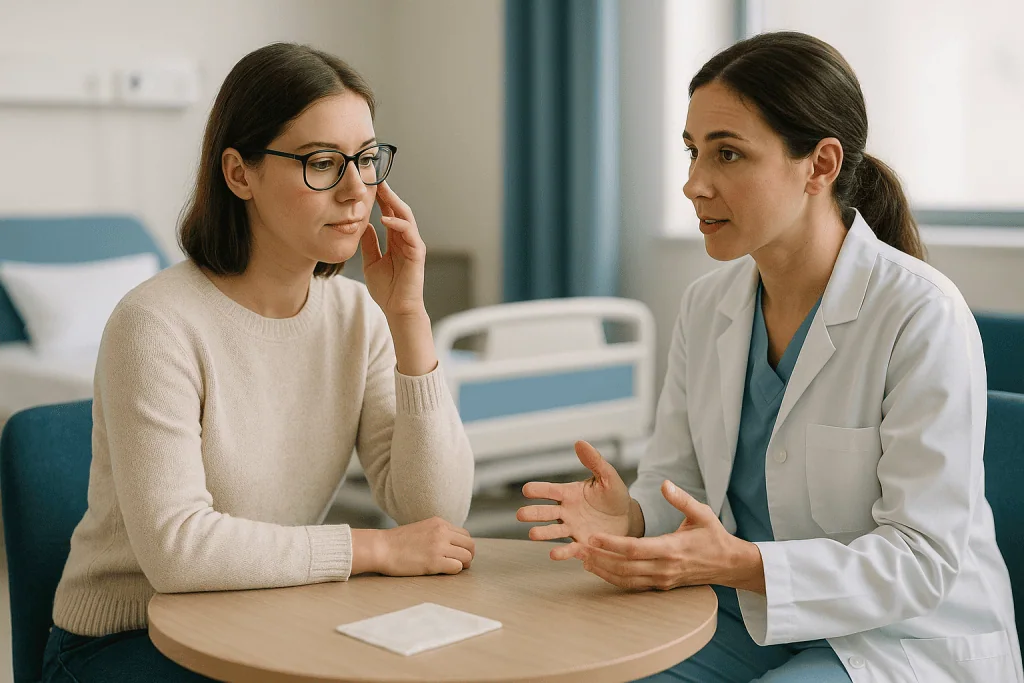 Doctor consulting with patient in hospital room: Who liquid rhinoplasty is usually for, and who is usually asked to wait