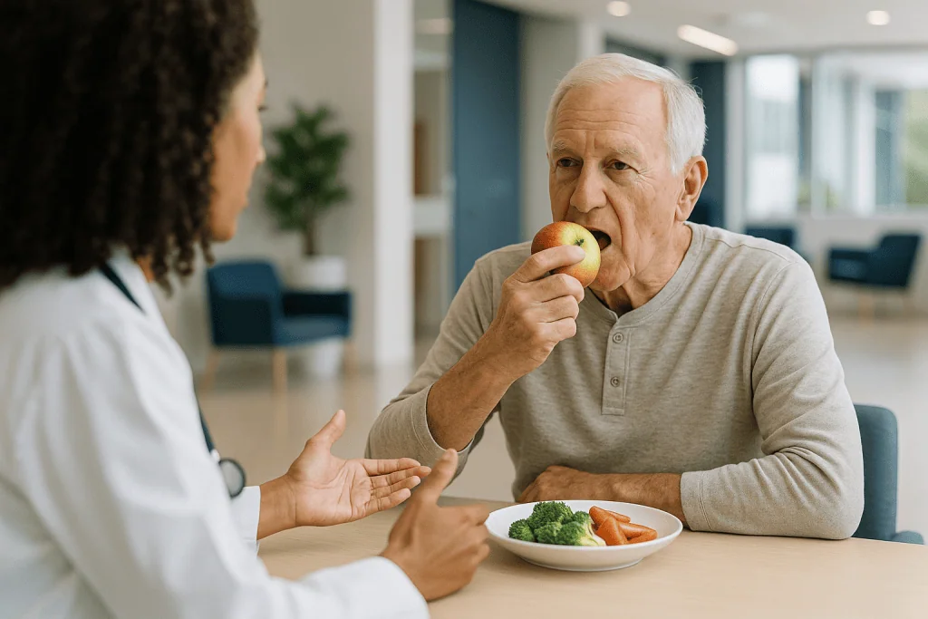 Elderly man eating healthy food with healthcare provider: Who lived 673 years? Myths about immortality and the record books