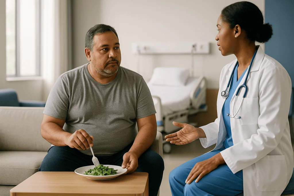 Doctor consulting patient eating salad in hospital room: Who male breast reduction is usually for, and who is asked to wait