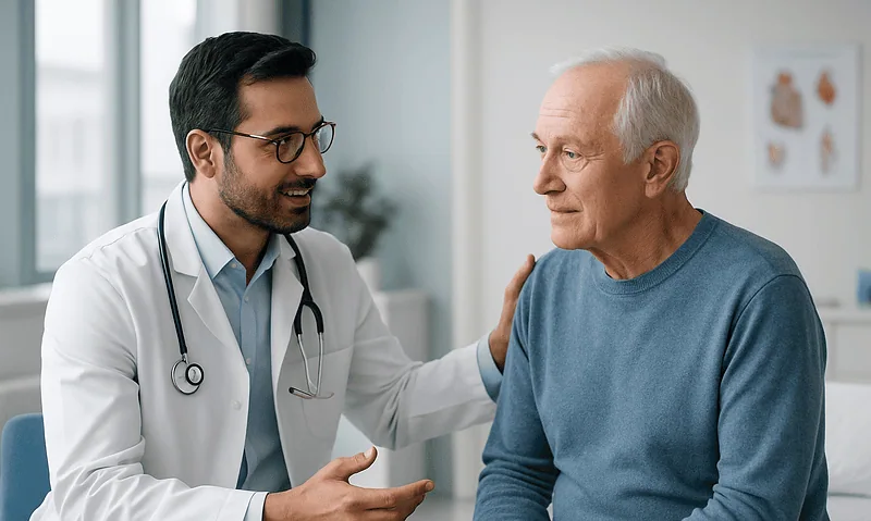 Cardiologist consulting with senior male patient in hospital setting.