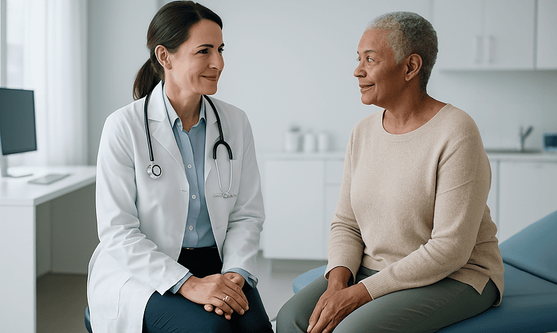 Doctor consulting with an elderly female patient in a medical office.