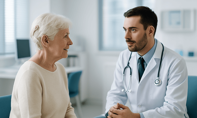 Doctor consulting elderly woman about hearing options in a medical office.