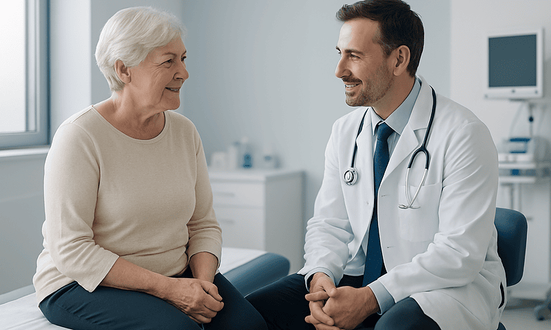 Doctor consulting with elderly patient in a medical office.