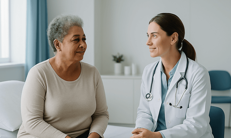 Doctor consulting with an elderly female patient in a hospital room.