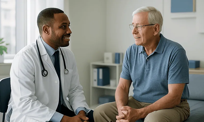 Doctor consulting with an elderly patient in a medical office.