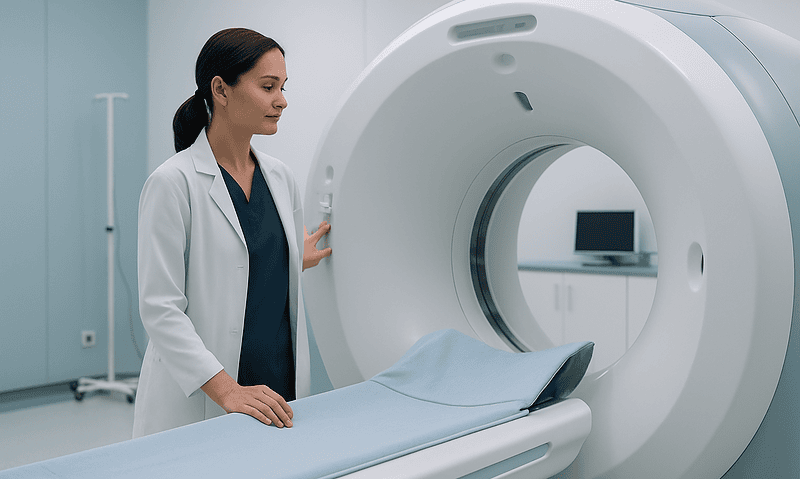 Medical professional prepares MRI scanner for patient imaging.
