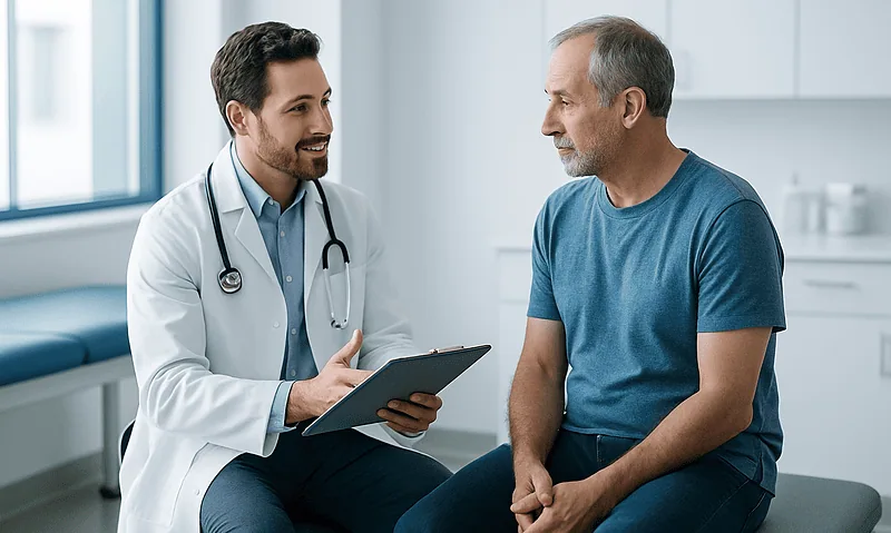Doctor consulting with patient about spinal cord stimulation options.