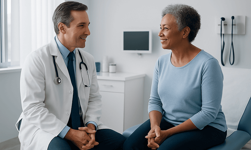 Gynecologist consulting with a patient in a medical office.