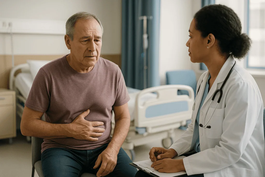 Doctor consulting with male patient in hospital room: Who may be a HIPEC candidate with peritoneal spread? Start with the pr