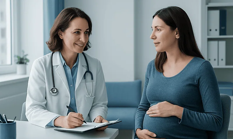 Doctor consulting pregnant woman in a medical office.