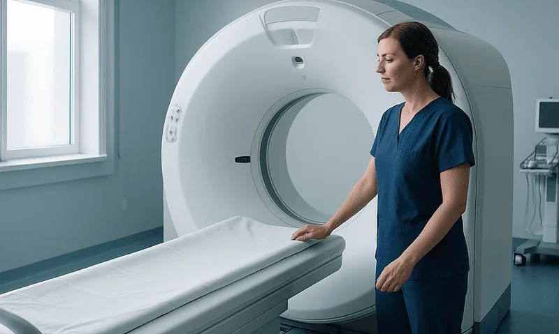 Medical professional preparing MRI scan in a modern hospital setting.