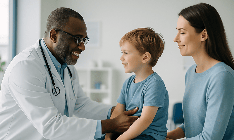 Pediatric doctor examining a young boy with mother in a clinic setting.