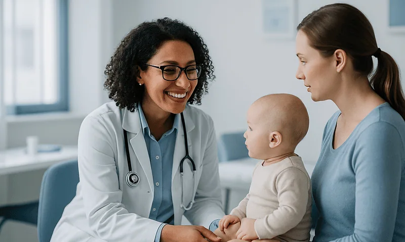 Pediatrician consulting with mother and baby in a clinic setting.