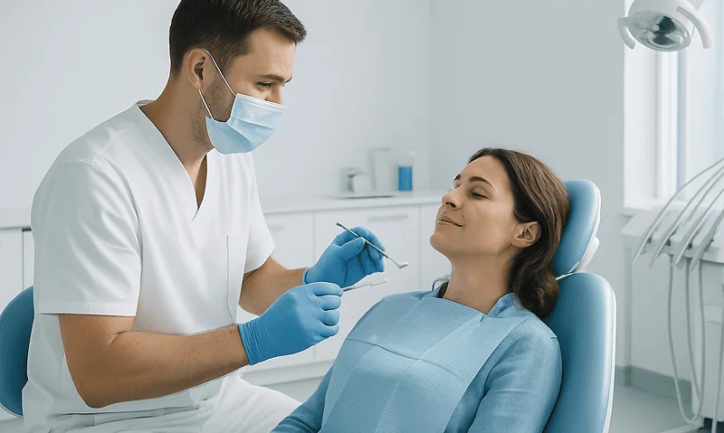 Blog 14 Dentist preparing a patient for dental treatment in a clinic setting.