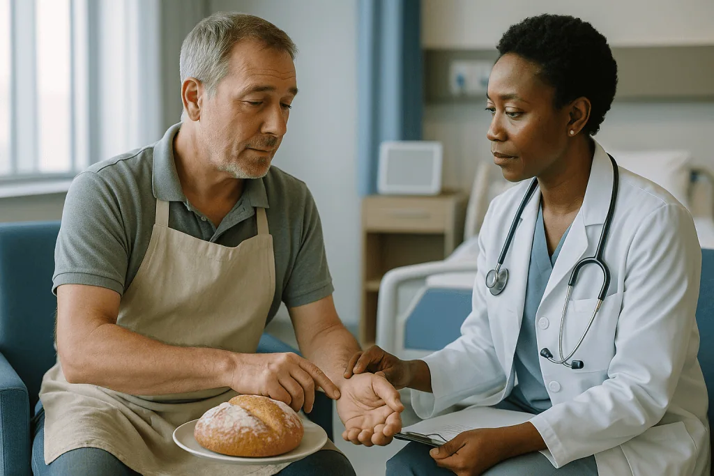 Doctor examining patient's arm, bread on plate nearby: Who microsurgery is usually for, and who is asked to wait