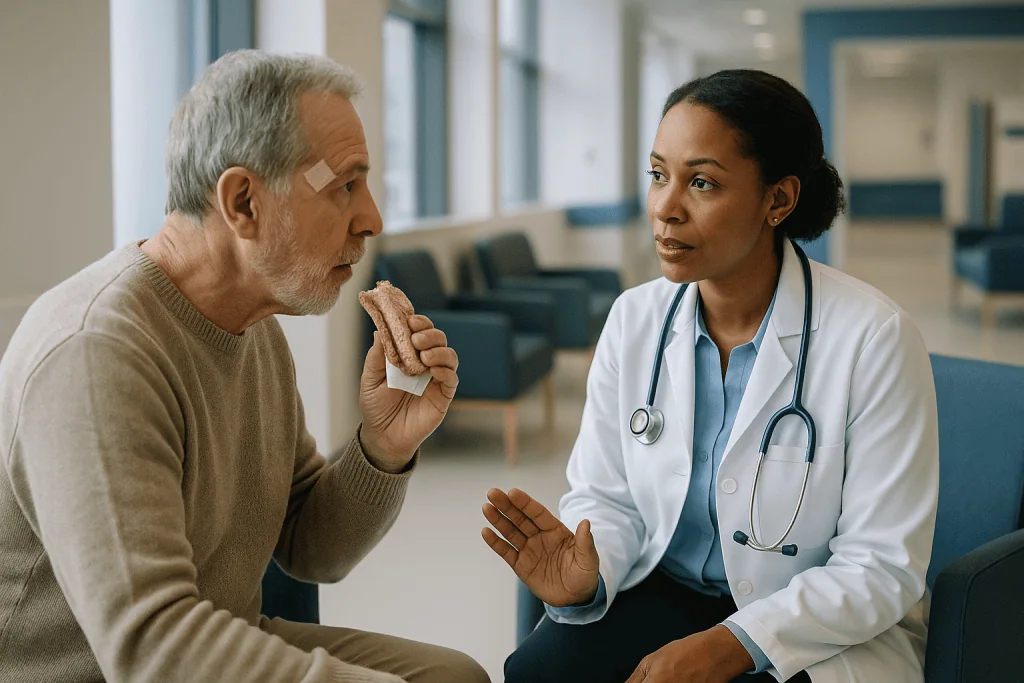 Doctor consulting patient holding food in hospital corridor — Who Mohs surgery is usually for, and who is usually asked to wa