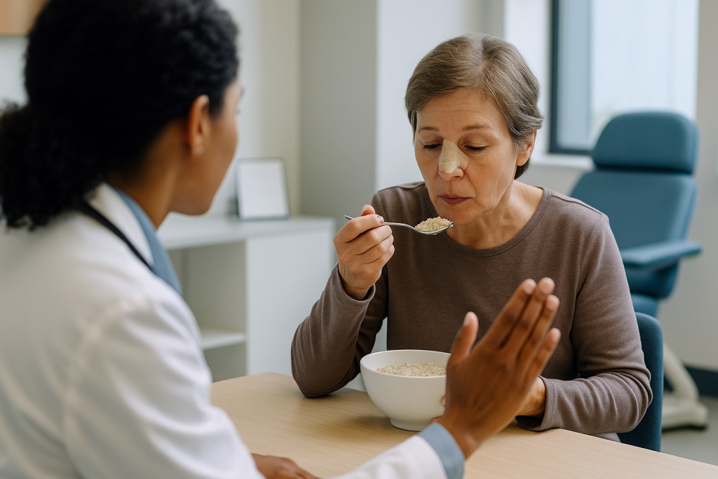 Older woman eating cereal with healthcare provider observing: Who nasal reconstruction is usually for, and who is asked to w