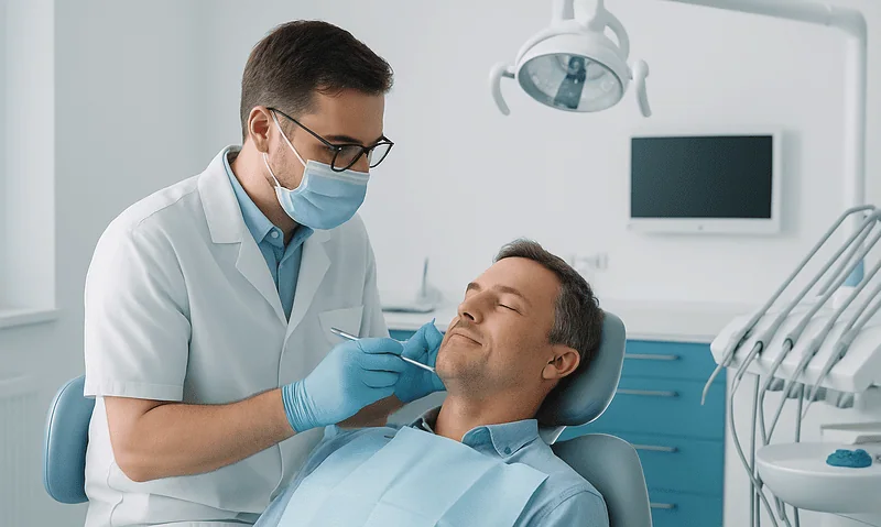 Dentist performing a dental procedure on a patient in a clinic setting.