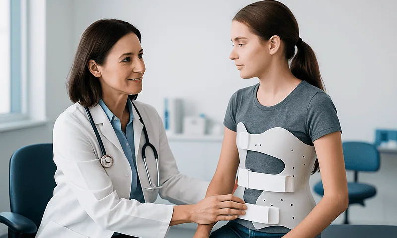 Doctor examining a young girl with a scoliosis brace in a clinic setting.