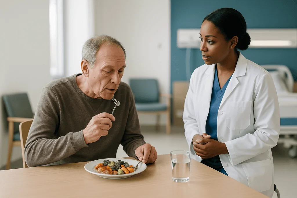Healthcare provider consulting with elderly patient during meal: Who needs a structured care routine now, and who is usually