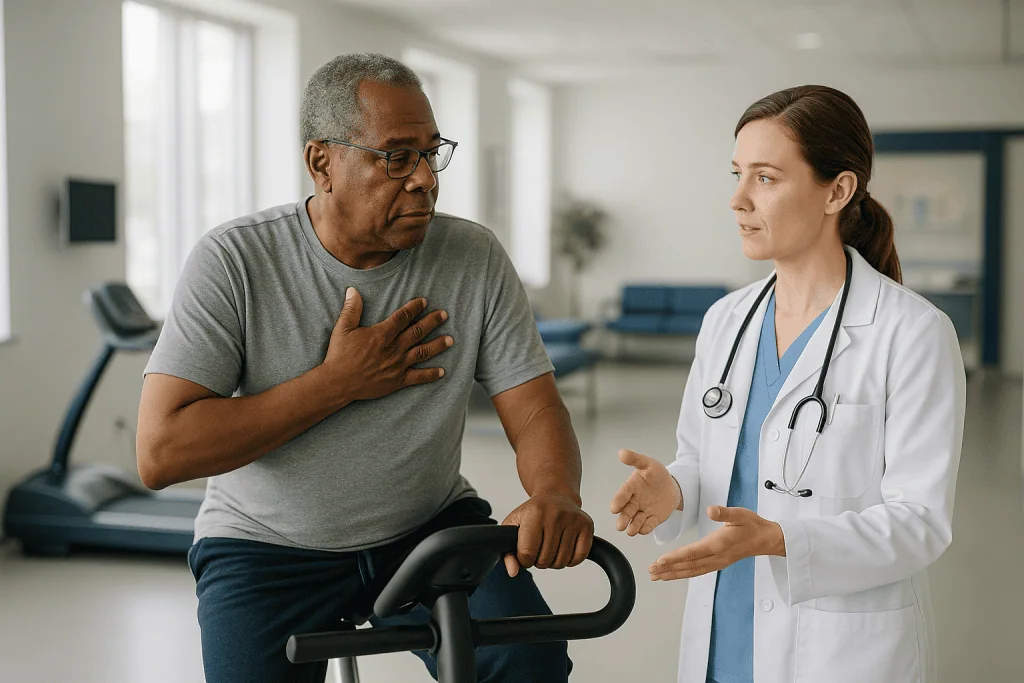 Doctor consulting with patient on stationary exercise bike: Who needs cardiac rehab? The conditions that trigger a referral