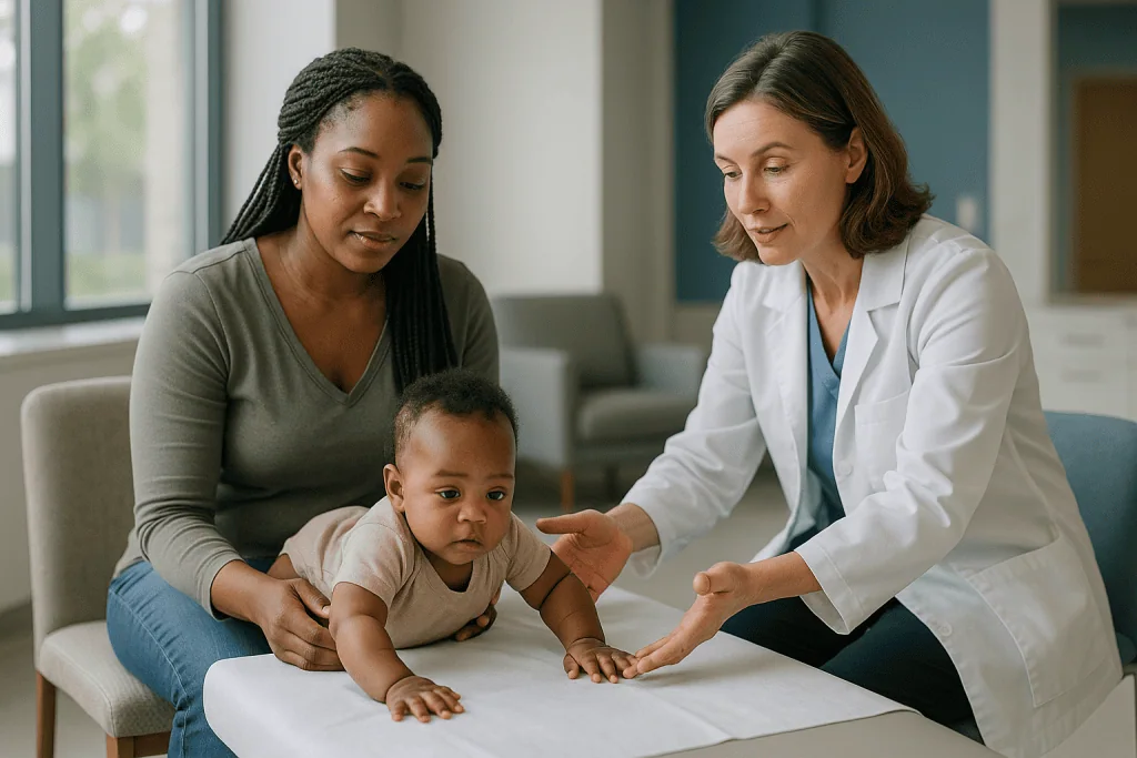 Pediatrician examining infant during developmental assessment with parent: Who needs early intervention therapy? The three d