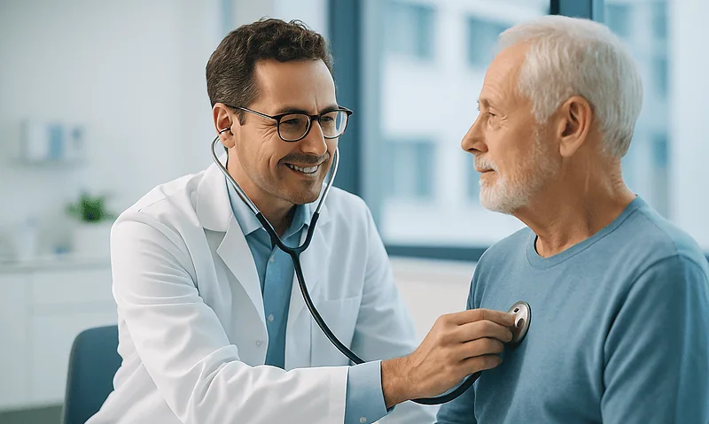 Cardiologist examining an elderly male patient with a stethoscope.