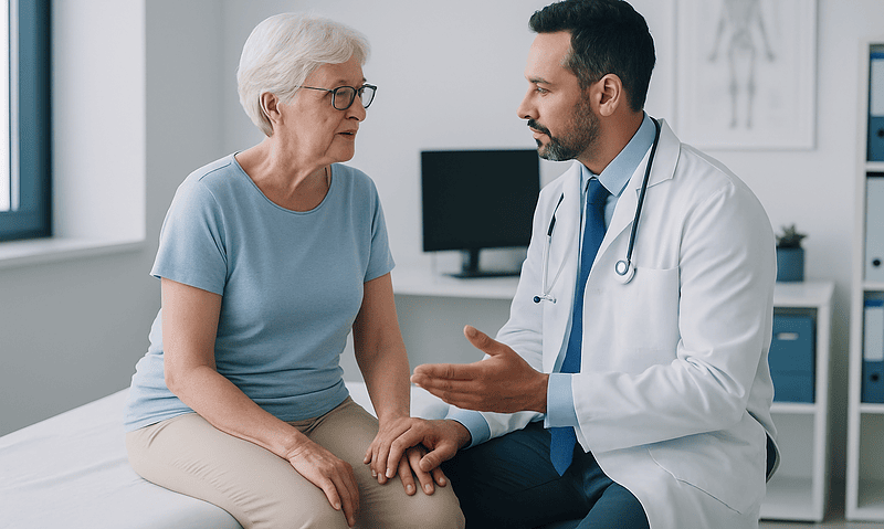 Who Needs Hip Dysplasia Surgery? Adults With Hip Pain vs Babies With DDH 4 Doctor consulting elderly woman about hip pain in a medical office.